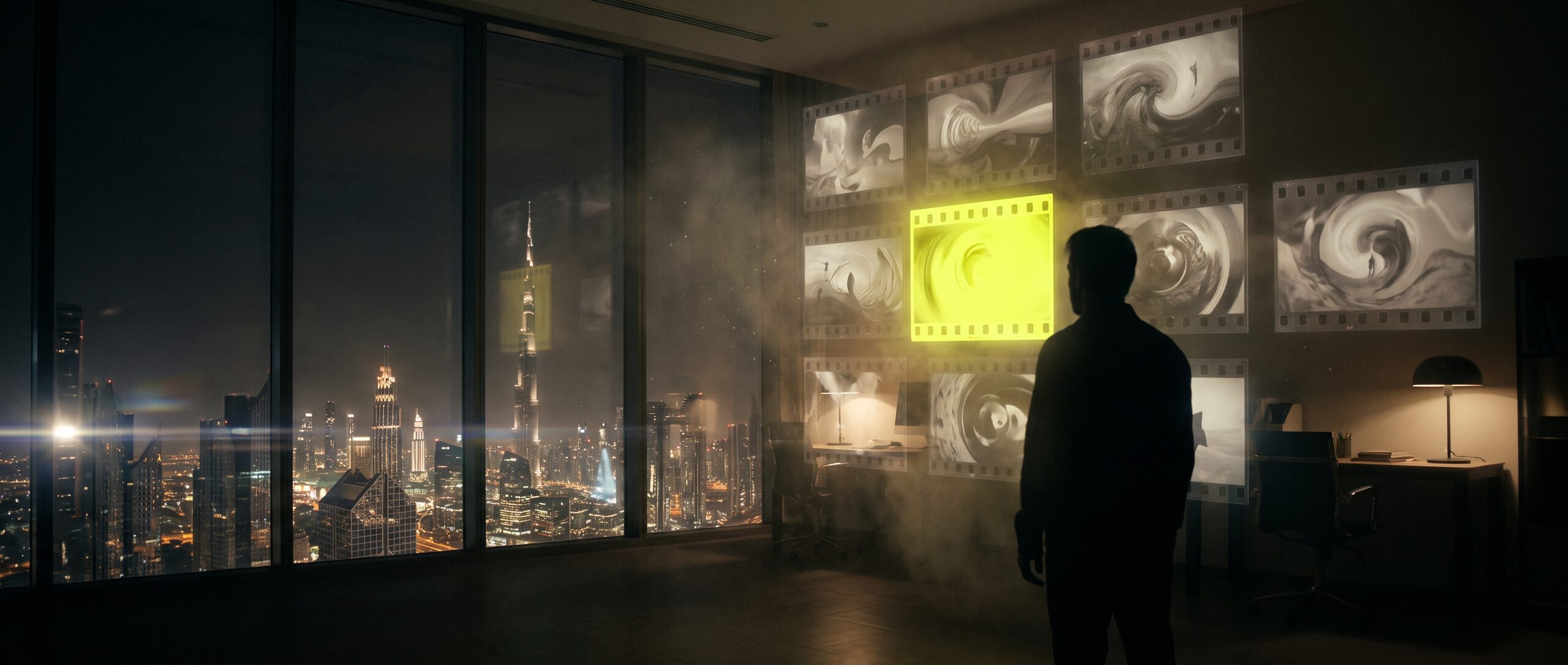 Vista gerada por IA de um diretor em um estúdio escuro acima do skyline de Dubai