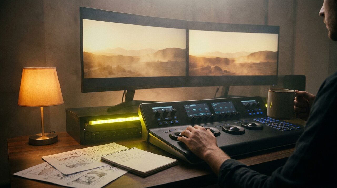 Mesa de edição com painel de correção de cor e um frame de deserto gerado nos monitores