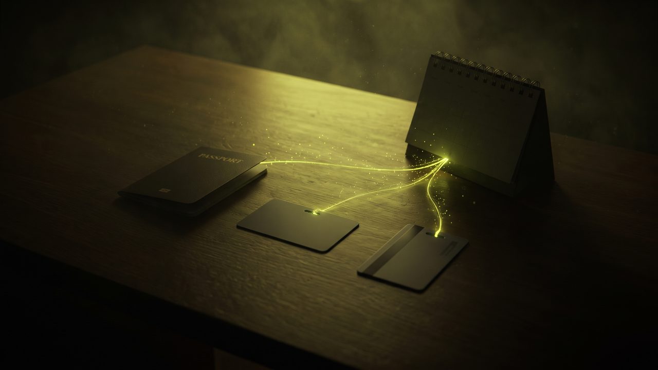 A row of passports and ID cards on a dark desk, each with a small glowing calendar mark above it