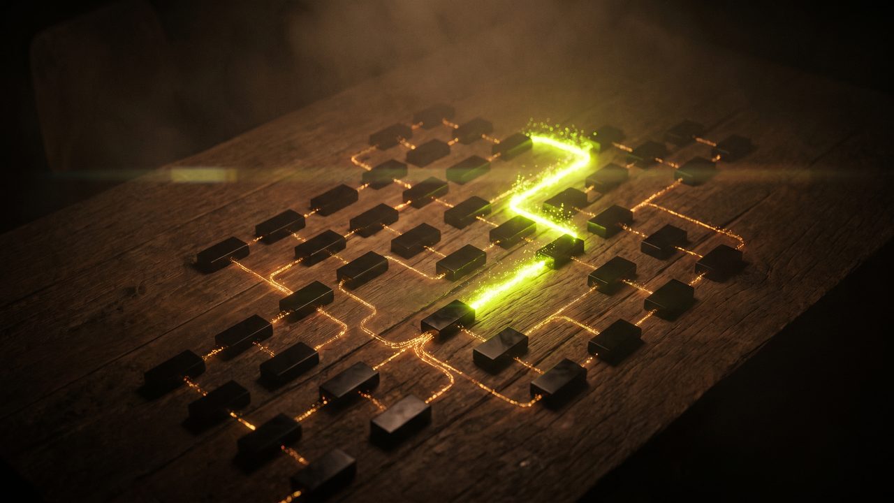 A chain of small glowing gears and pipes on a dark background, with light passing from one to the next
