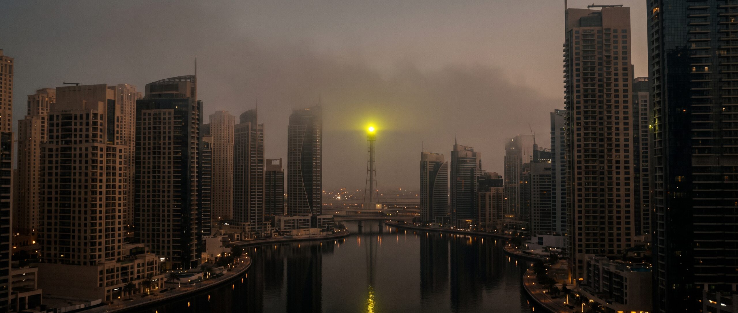 AI-generated view of Dubai Business Bay at blue hour