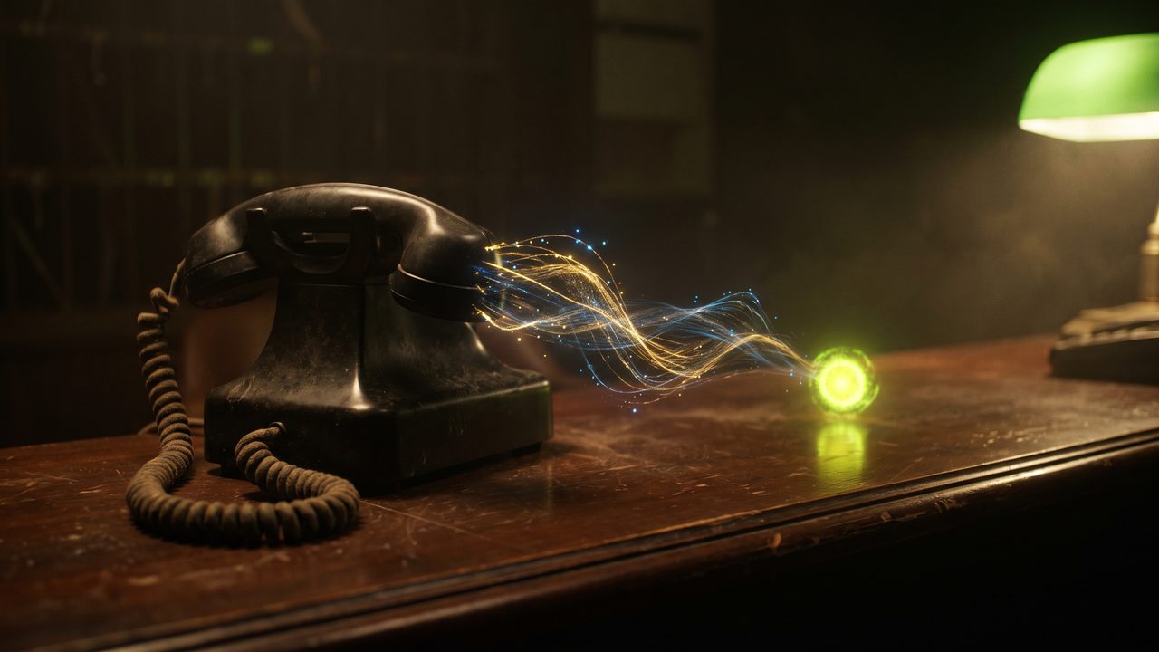 An old black telephone on a dark desk, glowing threads of light run from the receiver to a small bright point