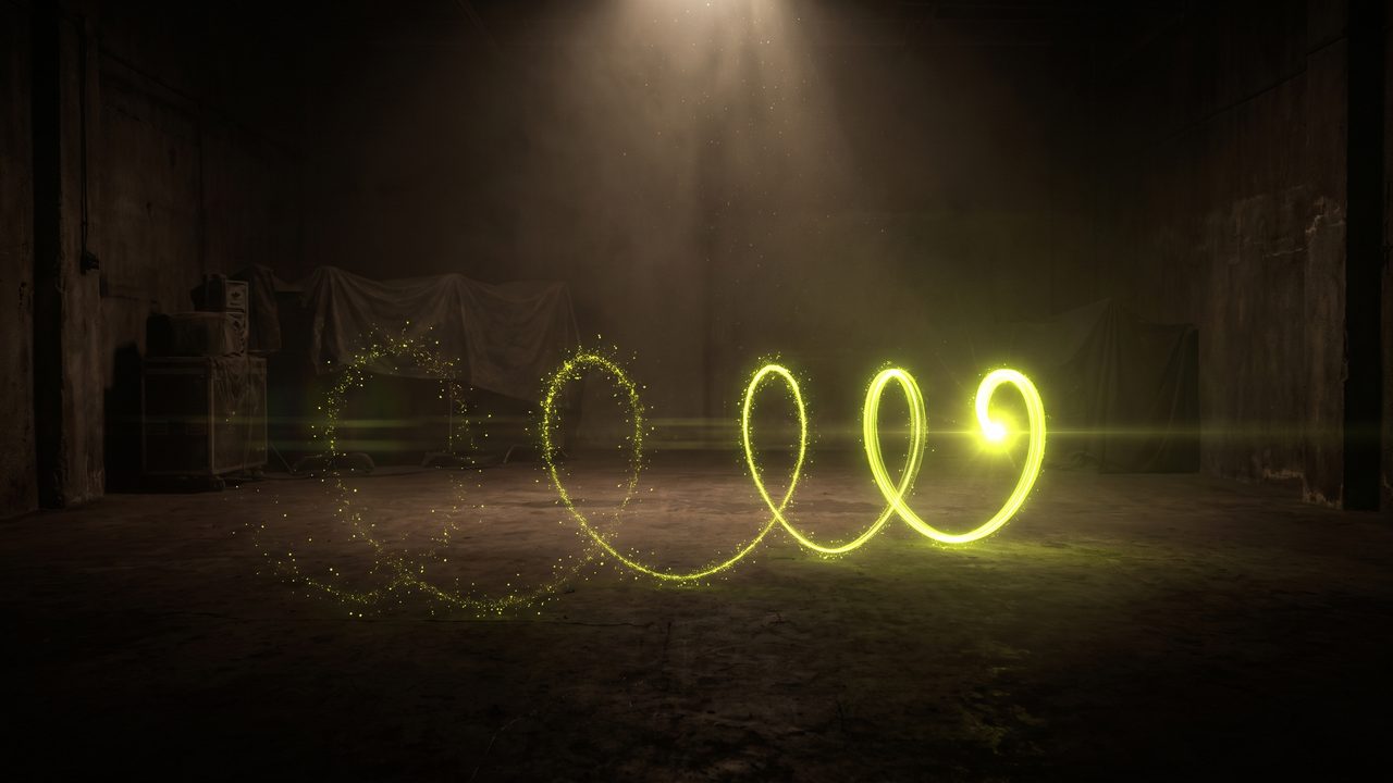 A glowing line of light that loops and grows in an empty dark hall, like an agent that learns step by step