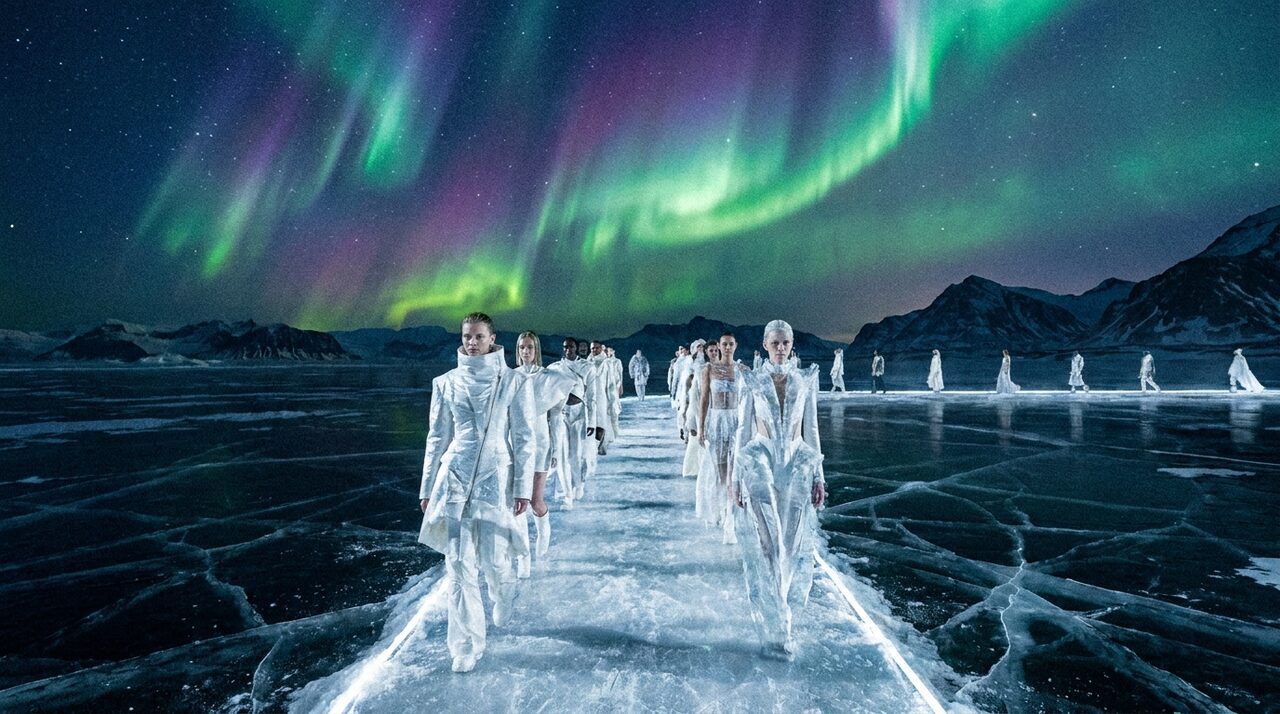 Fotograma generado: pasarela de moda sobre un océano helado bajo una aurora