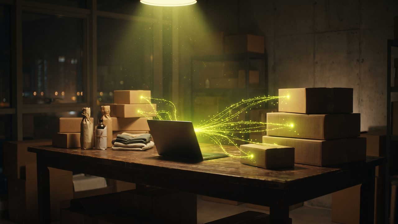 Shipping boxes and a laptop on a packing table at night, threads of light connect each parcel