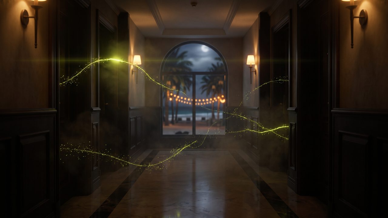 A hotel corridor at night with a view of palm trees and the beach, threads of light travel from door to door