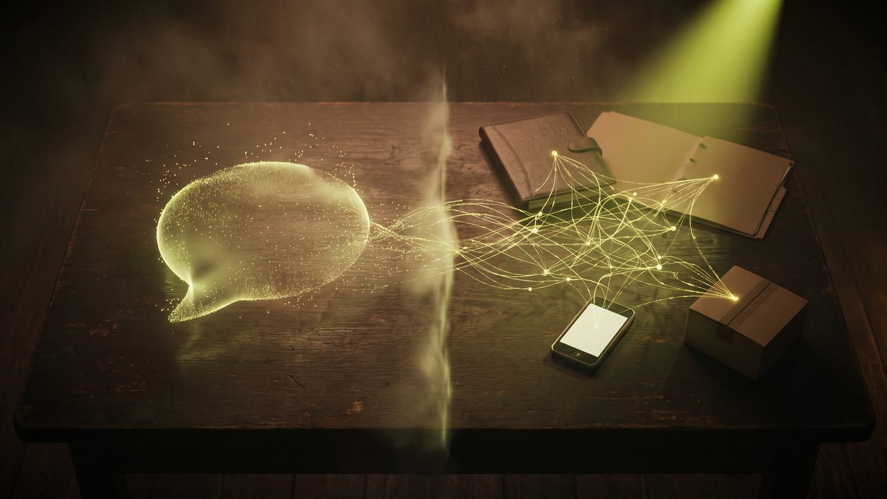On a dark table a single speech bubble of light on one side, a network of threads linking a phone, folders and a parcel on the other