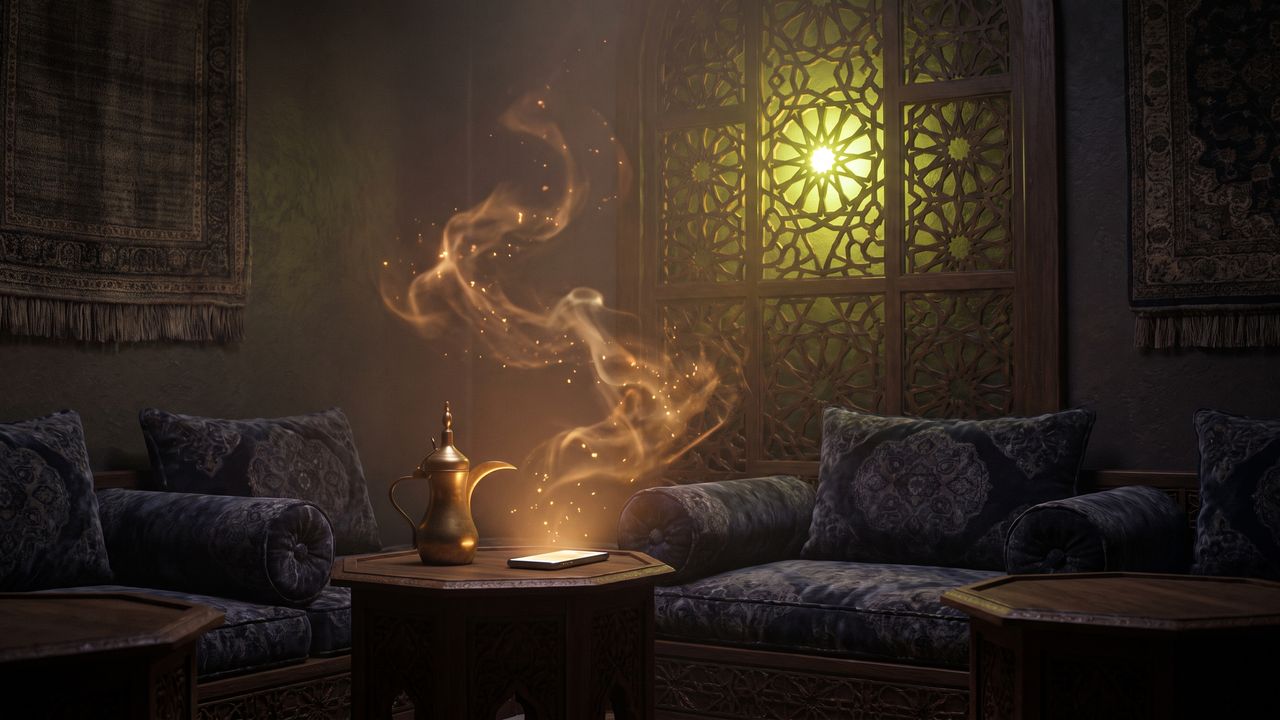 A majlis style reception room at night with a smartphone on a carved table sending soft ribbons of light like warm smoke