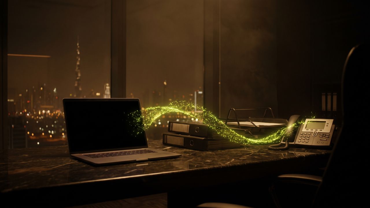 A laptop on a dark desk in a Dubai tower sending glowing light particles into company folders, an inbox tray and a phone