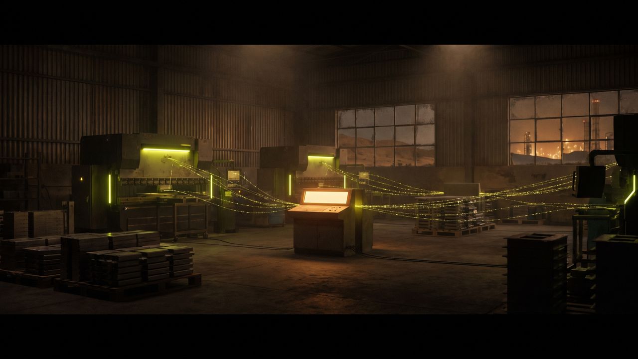 A factory floor in an industrial area at night with a production line and a control station, light threads connecting the machines