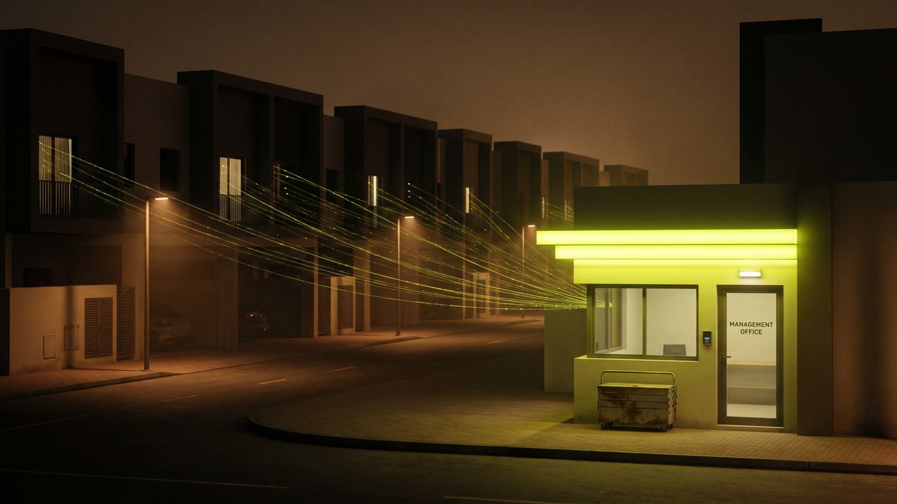 A residential community of townhouses in Dubai at night with light threads running from the windows to a lit management office