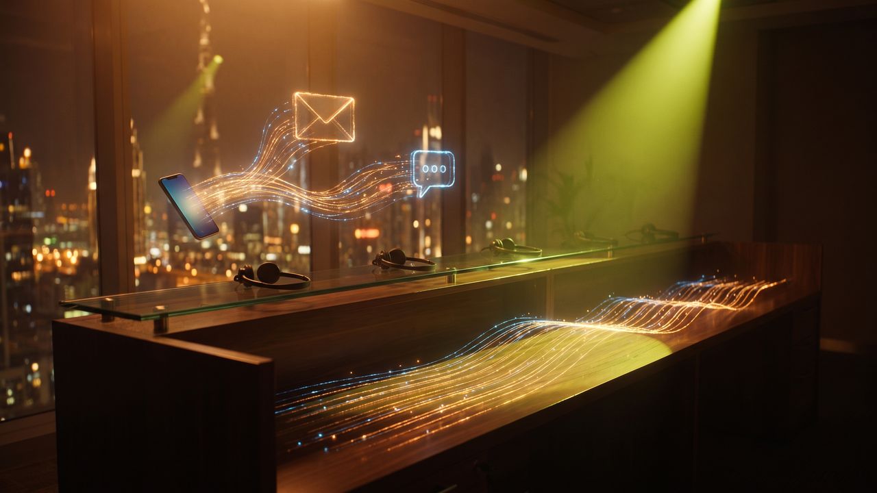 An empty customer service desk at night with headsets, light threads arriving from a phone, an envelope and a chat bubble and sorted into orderly lines