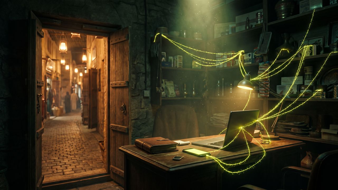 A small shop office in an old Dubai souk district at night with a laptop, cash book and phone connected by threads of light